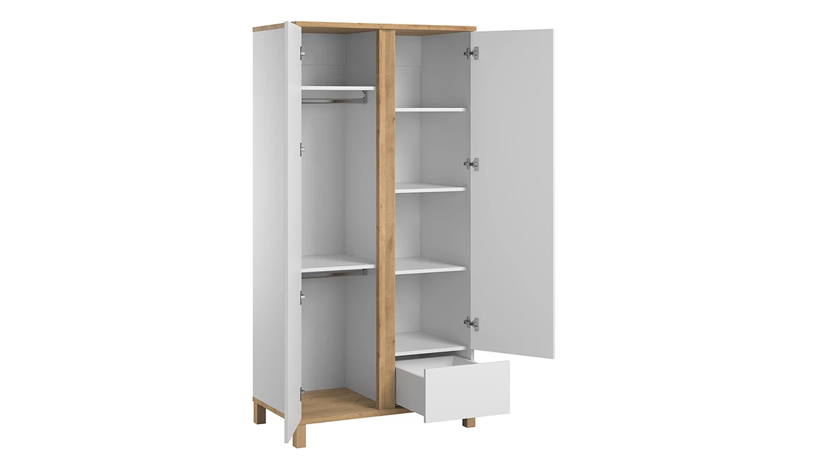 Armoire Scandinave Avec Penderie Et étagères Finition Blanc Mat Et Bois Chêne Clair L90 Cm EILIE 5 Armoire Scandinave Avec Penderie Et étagères Finition Blanc Mat Et Bois Chêne Clair L90 Cm EILIE – Image 3