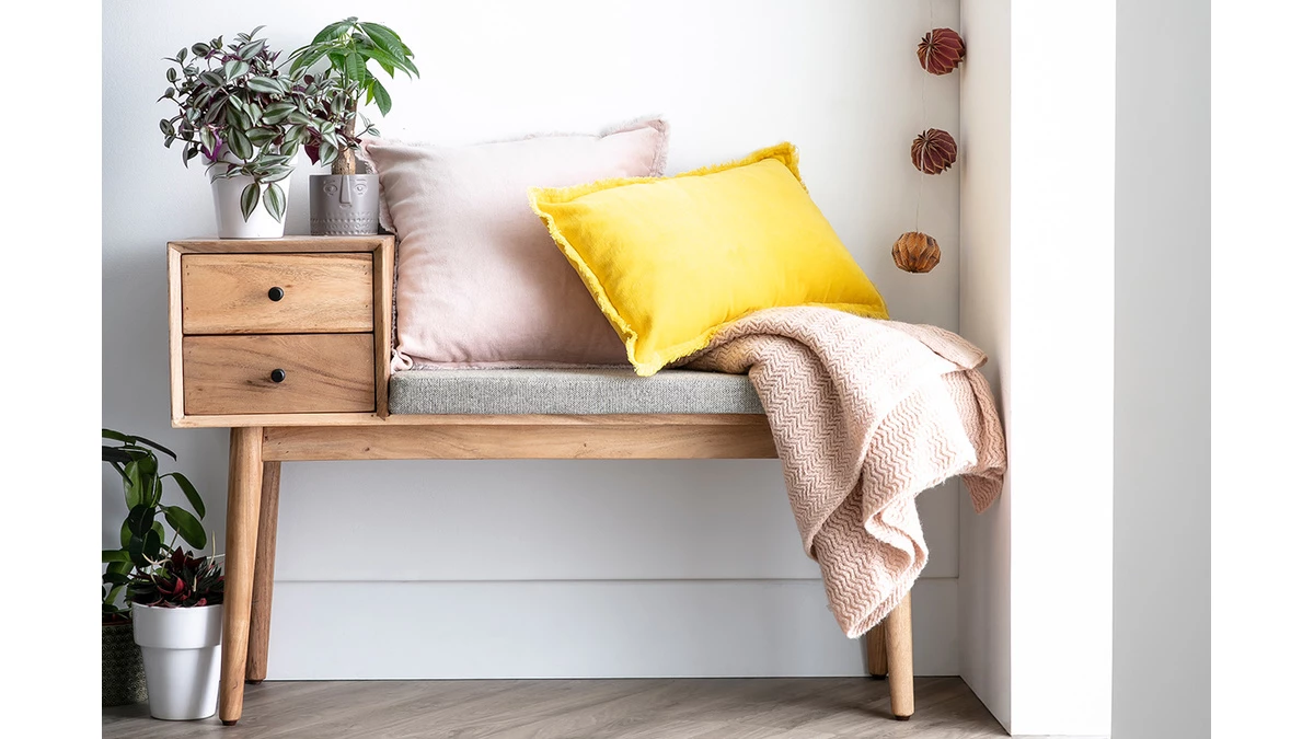 Banc D'entrée Avec Rangement Bois Massif 2 Tiroirs L110 Cm ALTY 8 Banc D'entrée Avec Rangement Bois Massif 2 Tiroirs L110 Cm ALTY – Image 6