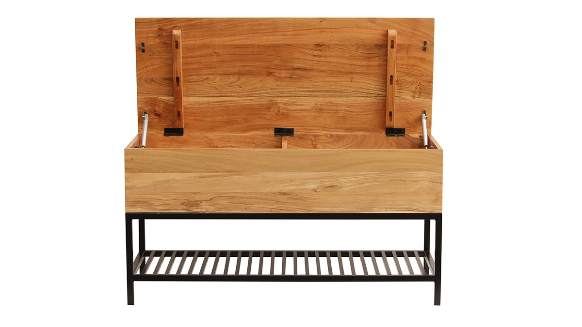 Banc D'entrée Industriel Avec Coffre De Rangement Bois Massif Et Métal Noir L100 Cm SORG 4 Banc D'entrée Industriel Avec Coffre De Rangement Bois Massif Et Métal Noir L100 Cm SORG – Image 2