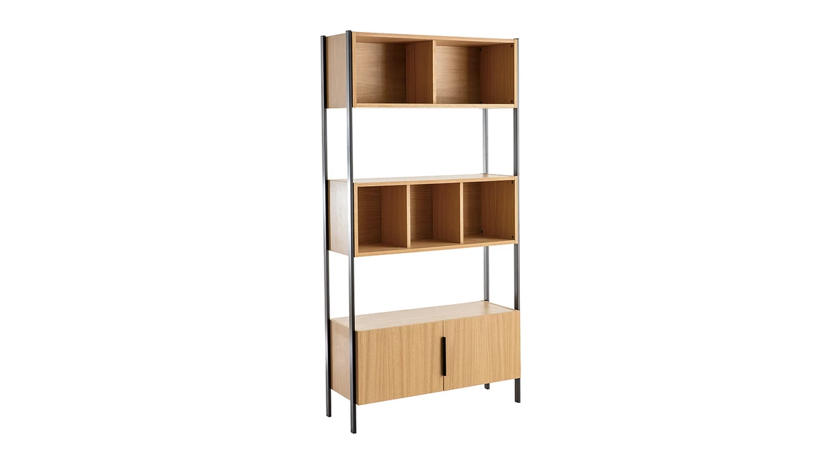 Bibliothèque En Bois Clair Chêne Et Métal Noir L98 Cm SILKA 4 Bibliothèque En Bois Clair Chêne Et Métal Noir L98 Cm SILKA – Image 2