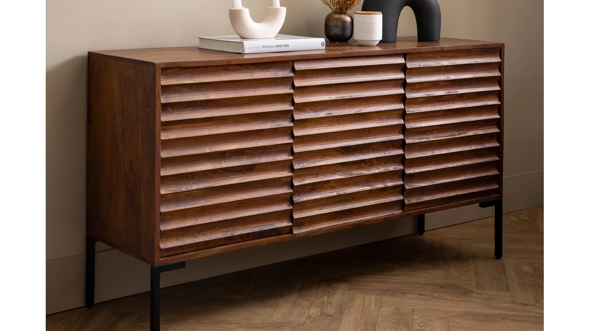Buffet En Bois Foncé Manguier Massif Et Métal Noir 3 Portes L140 Cm ONDA 9 Buffet En Bois Foncé Manguier Massif Et Métal Noir 3 Portes L140 Cm ONDA – Image 7