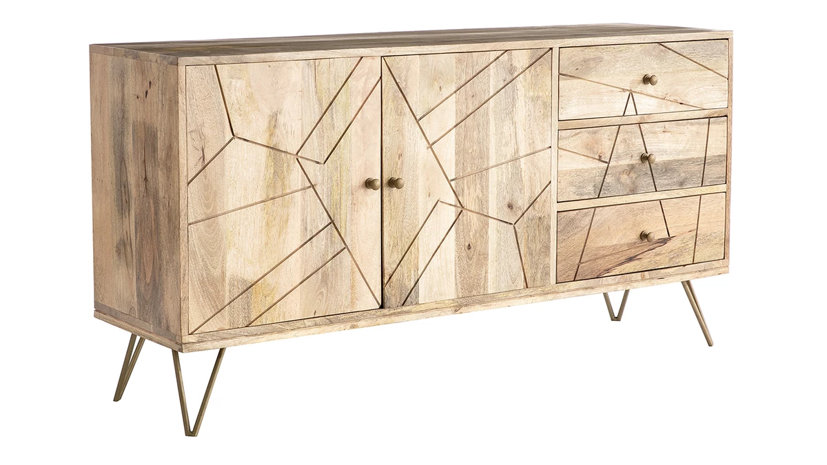 Buffet Gravé En Manguier Massif Et Métal Doré 2 Portes 3 Tiroirs L145 Cm LINIUM 4 Buffet Gravé En Manguier Massif Et Métal Doré 2 Portes 3 Tiroirs L145 Cm LINIUM – Image 2