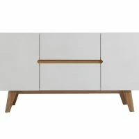 Buffet Scandinave Blanc Brillant Et Bois Clair 2 Portes 2 Tiroirs L160cm MELKA