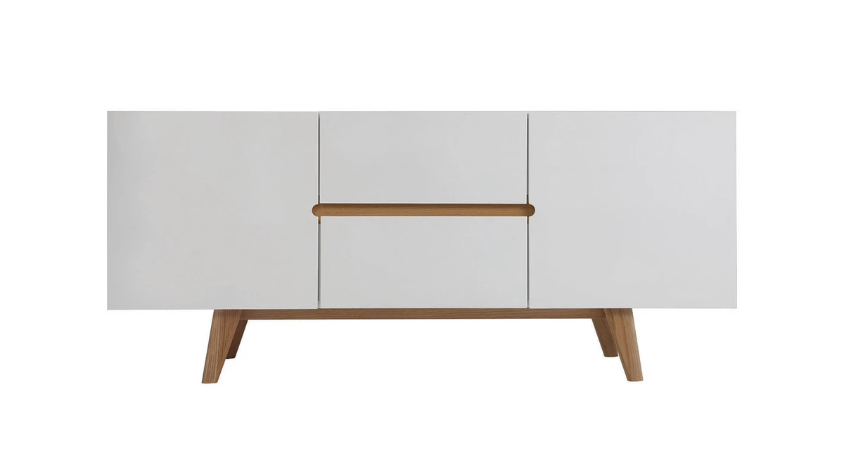 Buffet Scandinave Blanc Brillant Et Bois Clair 2 Portes 2 Tiroirs L160cm MELKA 3 Buffet Scandinave Blanc Brillant Et Bois Clair 2 Portes 2 Tiroirs L160cm MELKA