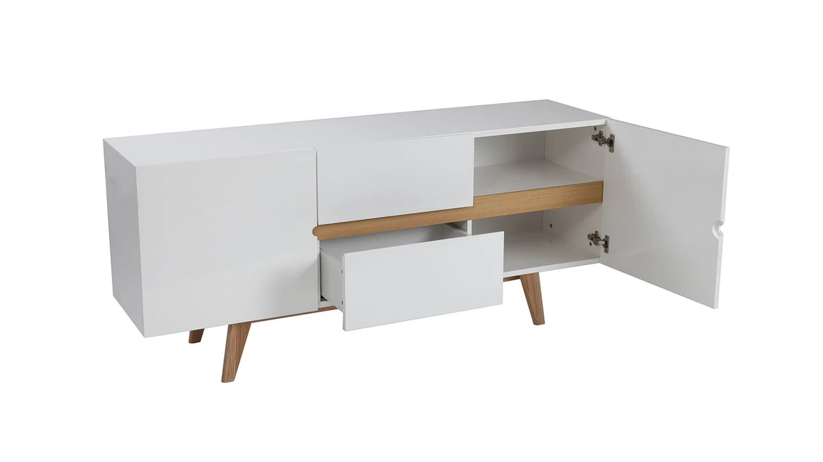 Buffet Scandinave Blanc Brillant Et Bois Clair 2 Portes 2 Tiroirs L160cm MELKA 4 Buffet Scandinave Blanc Brillant Et Bois Clair 2 Portes 2 Tiroirs L160cm MELKA – Image 2