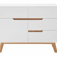 Buffet Scandinave Blanc Mat Et Bois 1 Porte 4 Tiroirs L97 Cm SKIVE