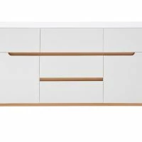 Buffet Scandinave Blanc Mat Et Bois Clair 2 Portes 5 Tiroirs L145 Cm SKIVE