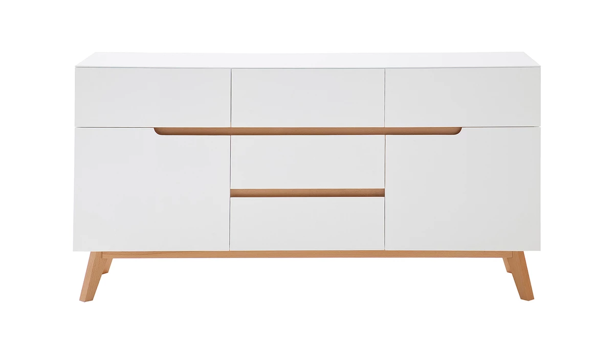Buffet Scandinave Blanc Mat Et Bois Clair 2 Portes 5 Tiroirs L145 Cm SKIVE 3 Buffet Scandinave Blanc Mat Et Bois Clair 2 Portes 5 Tiroirs L145 Cm SKIVE