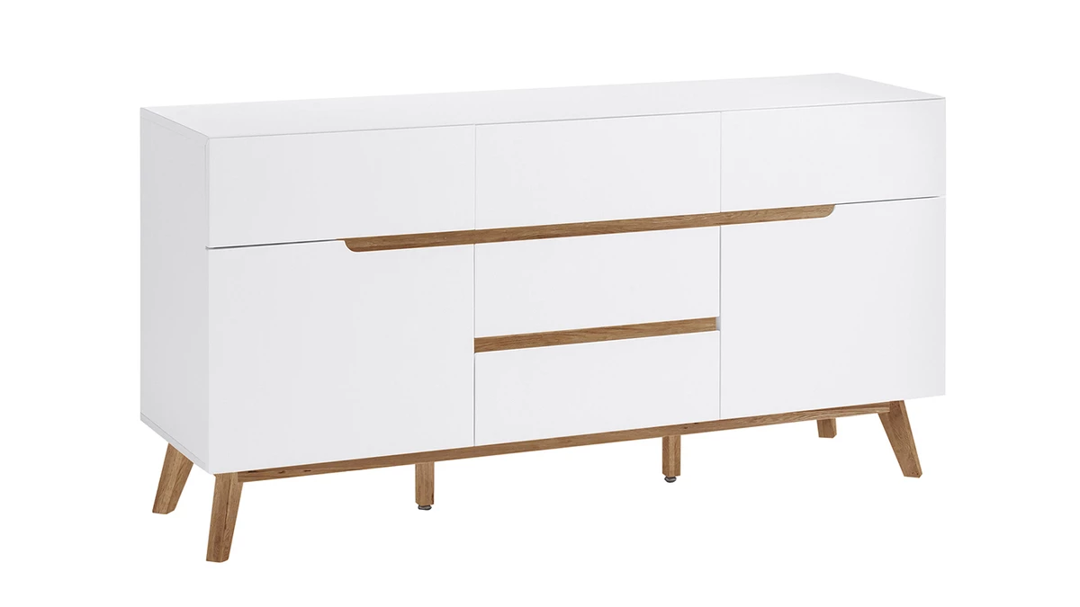 Buffet Scandinave Blanc Mat Et Bois Clair 2 Portes 5 Tiroirs L145 Cm SKIVE 4 Buffet Scandinave Blanc Mat Et Bois Clair 2 Portes 5 Tiroirs L145 Cm SKIVE – Image 2