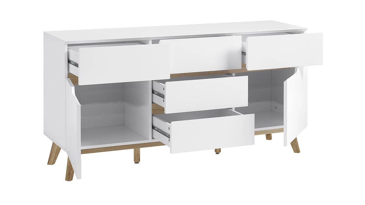 Buffet Scandinave Blanc Mat Et Bois Clair 2 Portes 5 Tiroirs L145 Cm SKIVE 5 Buffet Scandinave Blanc Mat Et Bois Clair 2 Portes 5 Tiroirs L145 Cm SKIVE – Image 3