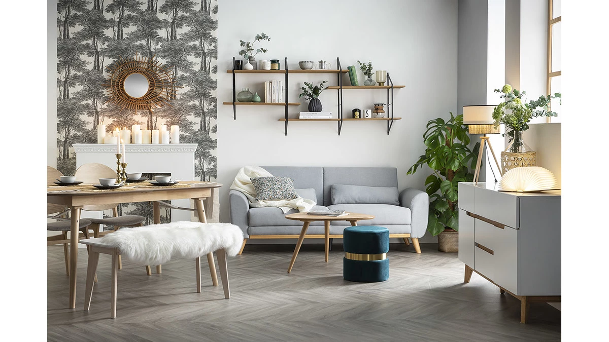 Buffet Scandinave Blanc Mat Et Bois Clair 2 Portes 5 Tiroirs L145 Cm SKIVE 6 Buffet Scandinave Blanc Mat Et Bois Clair 2 Portes 5 Tiroirs L145 Cm SKIVE – Image 4