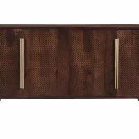 Buffet Vintage En Bois Foncé Manguier Massif Et Métal Doré 4 Portes Gravées L138 Cm REKHA