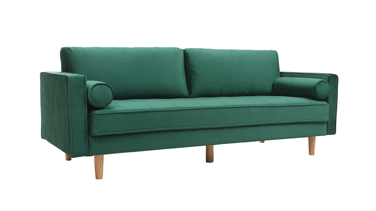 Canapé 3-4 Places En Tissu Velours Vert émeraude Et Bois Clair IMPERIAL 4 Canapé 3-4 Places En Tissu Velours Vert émeraude Et Bois Clair IMPERIAL – Image 2