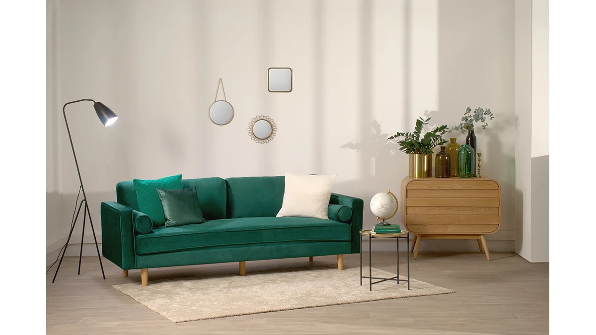 Canapé 3-4 Places En Tissu Velours Vert émeraude Et Bois Clair IMPERIAL 8 Canapé 3-4 Places En Tissu Velours Vert émeraude Et Bois Clair IMPERIAL – Image 6