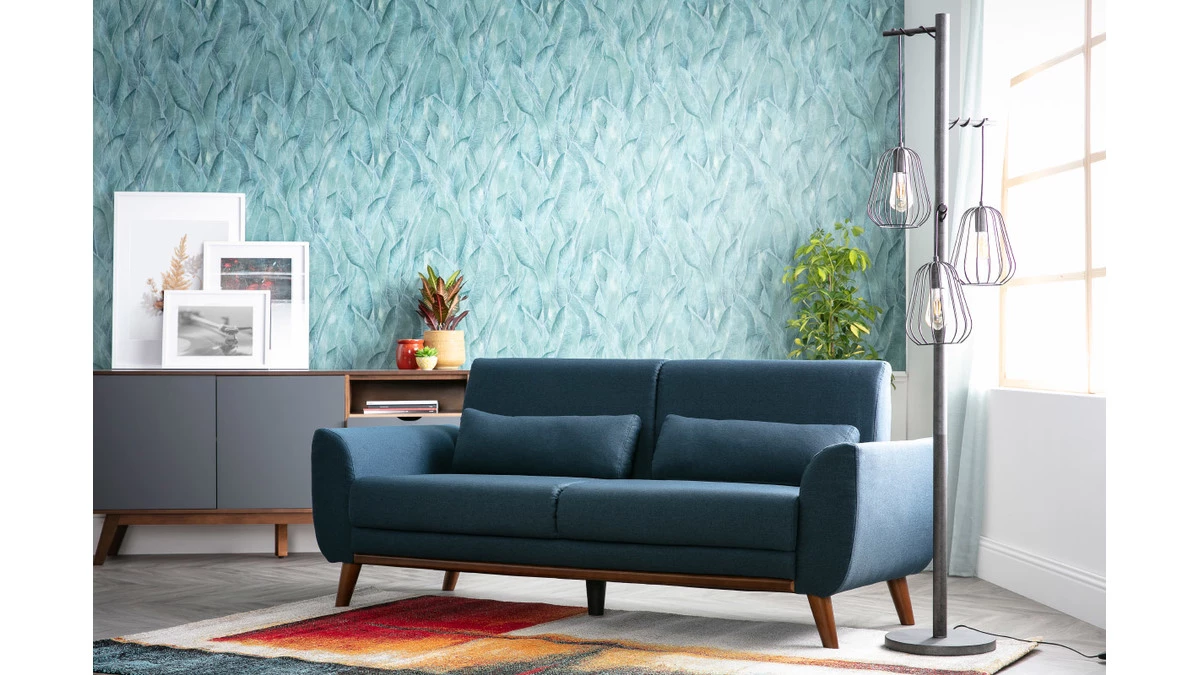 Canapé 3 Places En Tissu Bleu Foncé Et Bois Foncé EKTOR 7 Canapé 3 Places En Tissu Bleu Foncé Et Bois Foncé EKTOR – Image 5