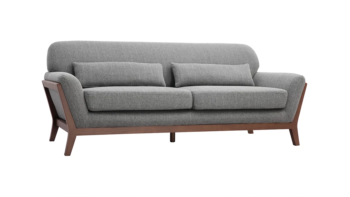 Canapé 3 Places En Tissu Gris Et Bois Foncé YOKO 4 Canapé 3 Places En Tissu Gris Et Bois Foncé YOKO – Image 2