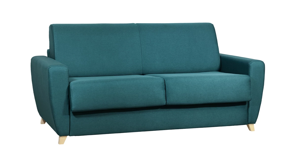 Canapé Convertible 3 Places En Tissu Bleu Canard Et Bois Clair Avec Matelas 18 Cm GRAHAM 4 Canapé Convertible 3 Places En Tissu Bleu Canard Et Bois Clair Avec Matelas 18 Cm GRAHAM – Image 2