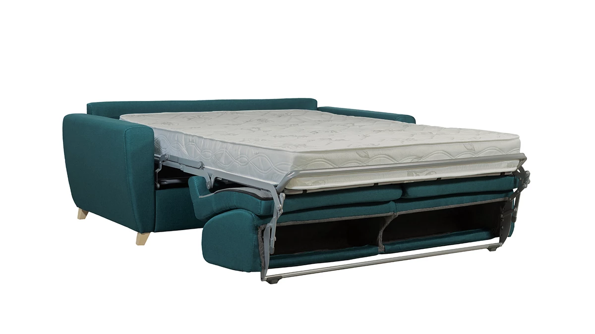 Canapé Convertible 3 Places En Tissu Bleu Canard Et Bois Clair Avec Matelas 18 Cm GRAHAM 5 Canapé Convertible 3 Places En Tissu Bleu Canard Et Bois Clair Avec Matelas 18 Cm GRAHAM – Image 3