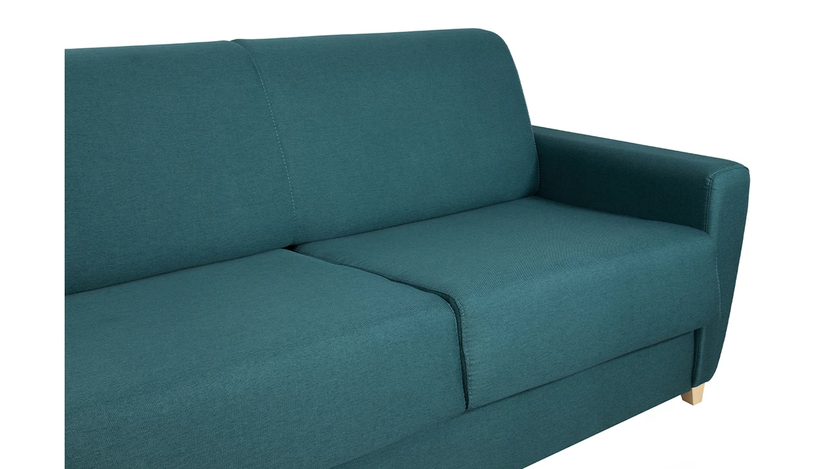 Canapé Convertible 3 Places En Tissu Bleu Canard Et Bois Clair Avec Matelas 18 Cm GRAHAM 8 Canapé Convertible 3 Places En Tissu Bleu Canard Et Bois Clair Avec Matelas 18 Cm GRAHAM – Image 6