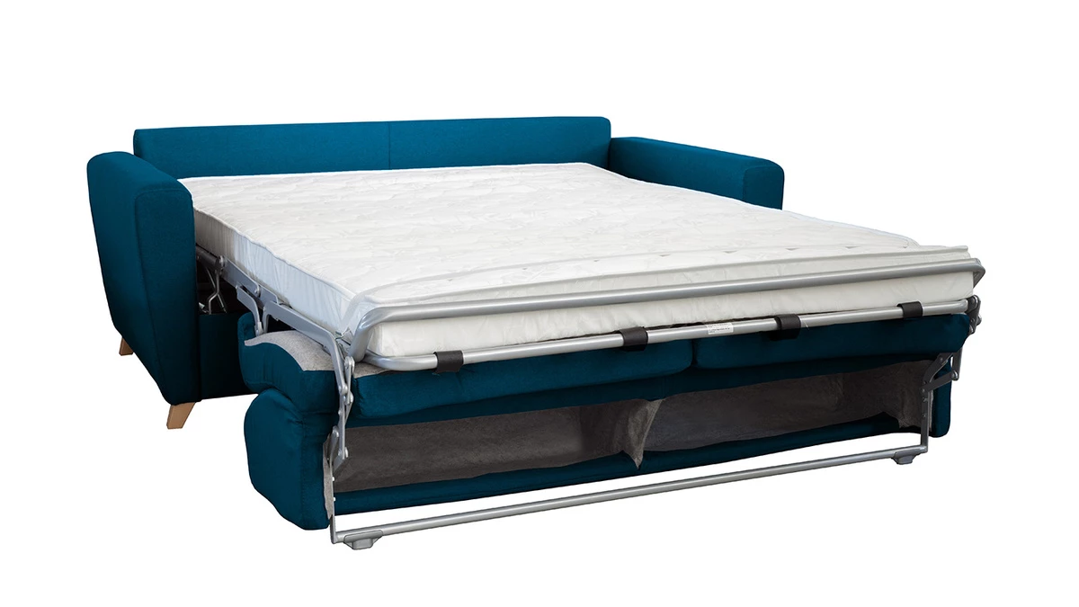 Canapé Convertible 3 Places En Tissu Bleu Canard Et Bois Clair Avec Matelas L140 Cm 12 Cm GRAHAM 7 Canapé Convertible 3 Places En Tissu Bleu Canard Et Bois Clair Avec Matelas L140 Cm 12 Cm GRAHAM – Image 5