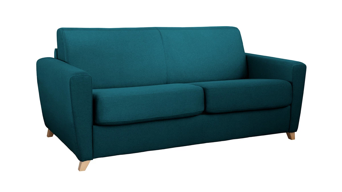 Canapé Convertible 3 Places En Tissu Bleu Canard Et Bois Clair Avec Matelas L140 Cm 12 Cm GRAHAM 4 Canapé Convertible 3 Places En Tissu Bleu Canard Et Bois Clair Avec Matelas L140 Cm 12 Cm GRAHAM – Image 2
