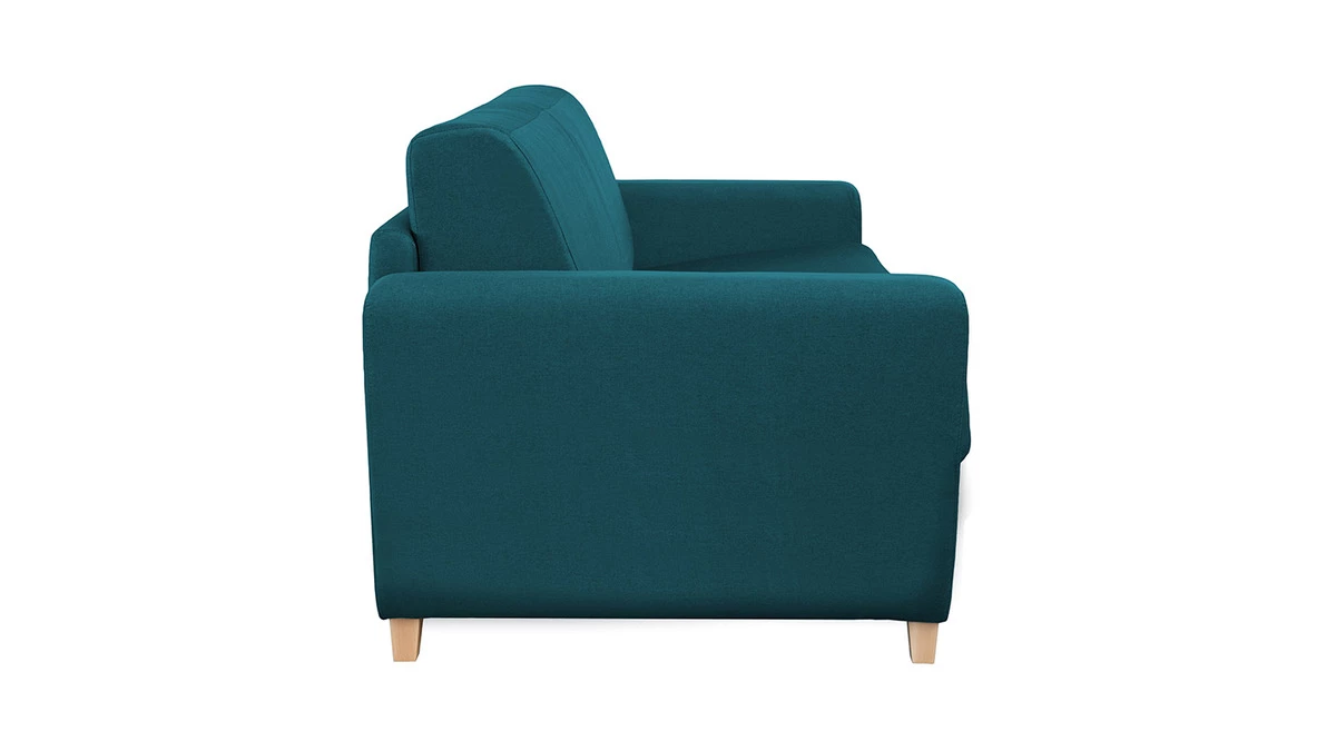 Canapé Convertible 3 Places En Tissu Bleu Canard Et Bois Clair Avec Matelas L140 Cm 12 Cm GRAHAM 5 Canapé Convertible 3 Places En Tissu Bleu Canard Et Bois Clair Avec Matelas L140 Cm 12 Cm GRAHAM – Image 3
