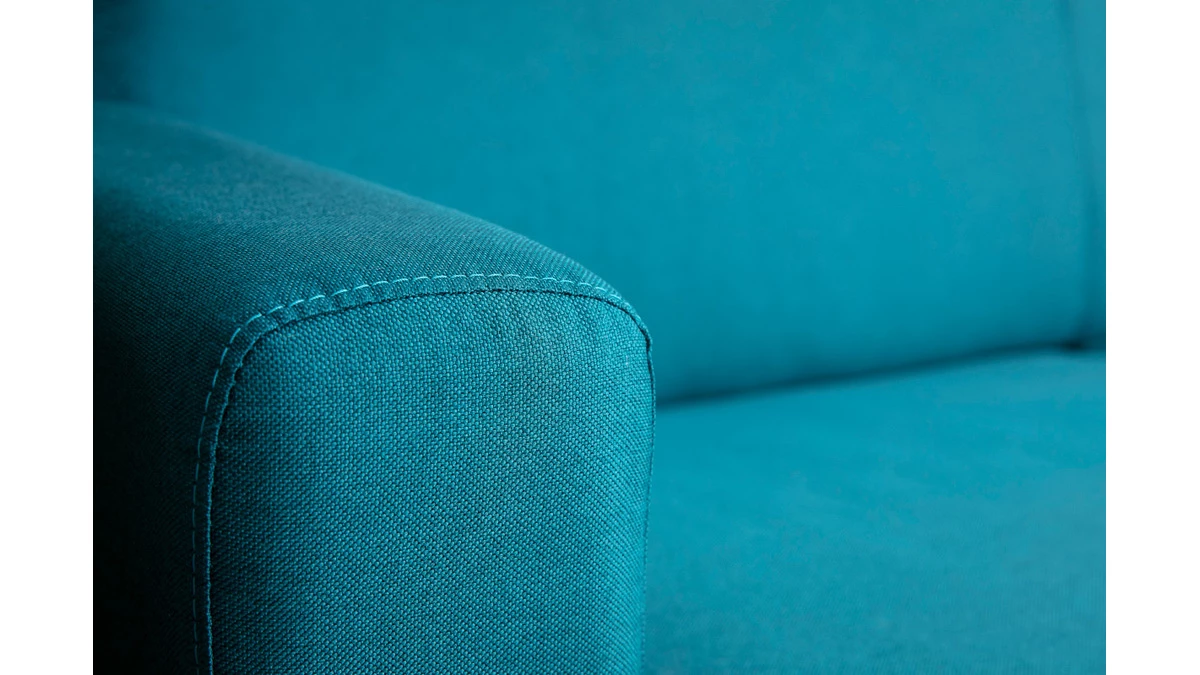 Canapé Convertible 3 Places En Tissu Bleu Canard Et Bois Clair Avec Matelas L140 Cm 12 Cm GRAHAM 8 Canapé Convertible 3 Places En Tissu Bleu Canard Et Bois Clair Avec Matelas L140 Cm 12 Cm GRAHAM – Image 6