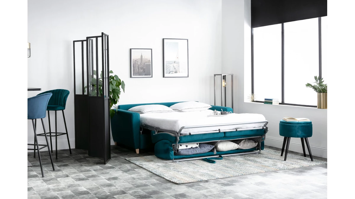 Canapé Convertible 3 Places En Tissu Bleu Canard Et Bois Clair Avec Matelas L140 Cm 12 Cm GRAHAM 9 Canapé Convertible 3 Places En Tissu Bleu Canard Et Bois Clair Avec Matelas L140 Cm 12 Cm GRAHAM – Image 7