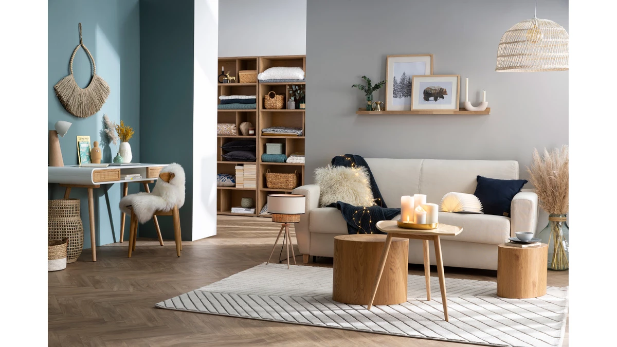 Canapé Convertible 3 Places En Tissu Bleu Canard Et Bois Clair Avec Matelas L140 Cm 12 Cm GRAHAM 10 Canapé Convertible 3 Places En Tissu Bleu Canard Et Bois Clair Avec Matelas L140 Cm 12 Cm GRAHAM – Image 8