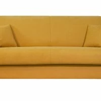 Canapé Convertible 3 Places En Tissu Effet Velours Jaune Moutarde Et Bois Clair Avec Matelas 12 Cm SKANDY