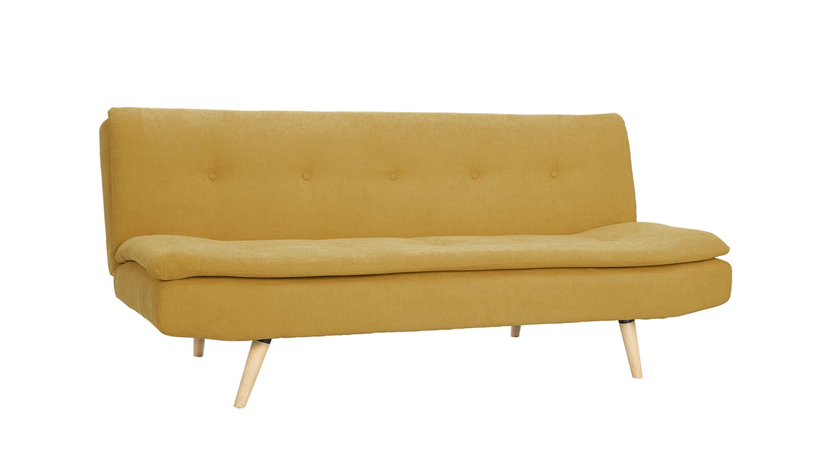 Canapé Convertible 3 Places En Tissu Effet Velours Jaune Moutarde Et Bois Clair SENSO 4 Canapé Convertible 3 Places En Tissu Effet Velours Jaune Moutarde Et Bois Clair SENSO – Image 2