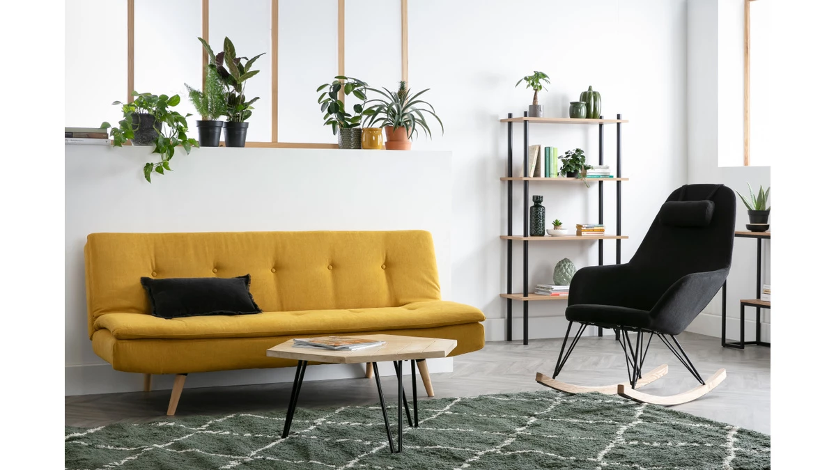 Canapé Convertible 3 Places En Tissu Effet Velours Jaune Moutarde Et Bois Clair SENSO 9 Canapé Convertible 3 Places En Tissu Effet Velours Jaune Moutarde Et Bois Clair SENSO – Image 7