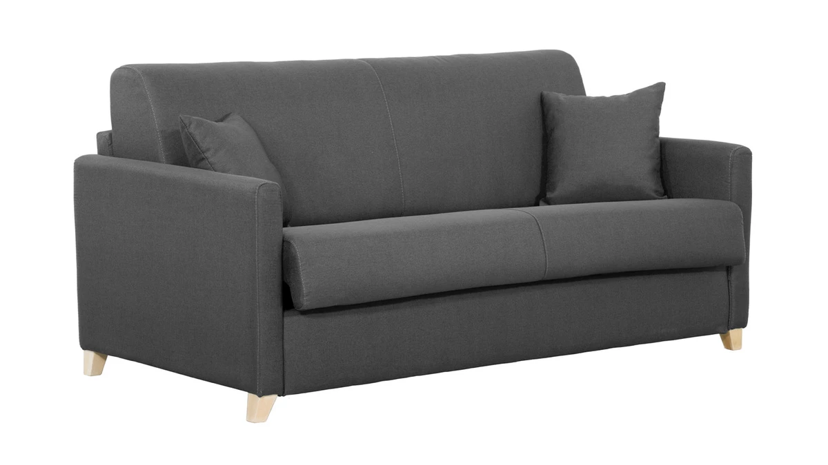 Canapé Convertible 3 Places En Tissu Gris Anthracite Et Bois Clair Avec Matelas 12 Cm SKANDY 4 Canapé Convertible 3 Places En Tissu Gris Anthracite Et Bois Clair Avec Matelas 12 Cm SKANDY – Image 2