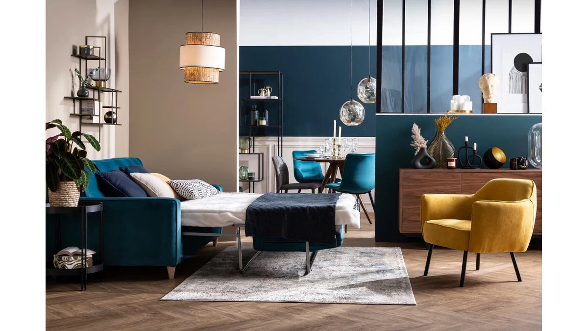 Canapé Convertible 3 Places En Tissu Velours Bleu Paon Et Bois Clair Avec Matelas 9 Cm CIGALE 9 Canapé Convertible 3 Places En Tissu Velours Bleu Paon Et Bois Clair Avec Matelas 9 Cm CIGALE – Image 7