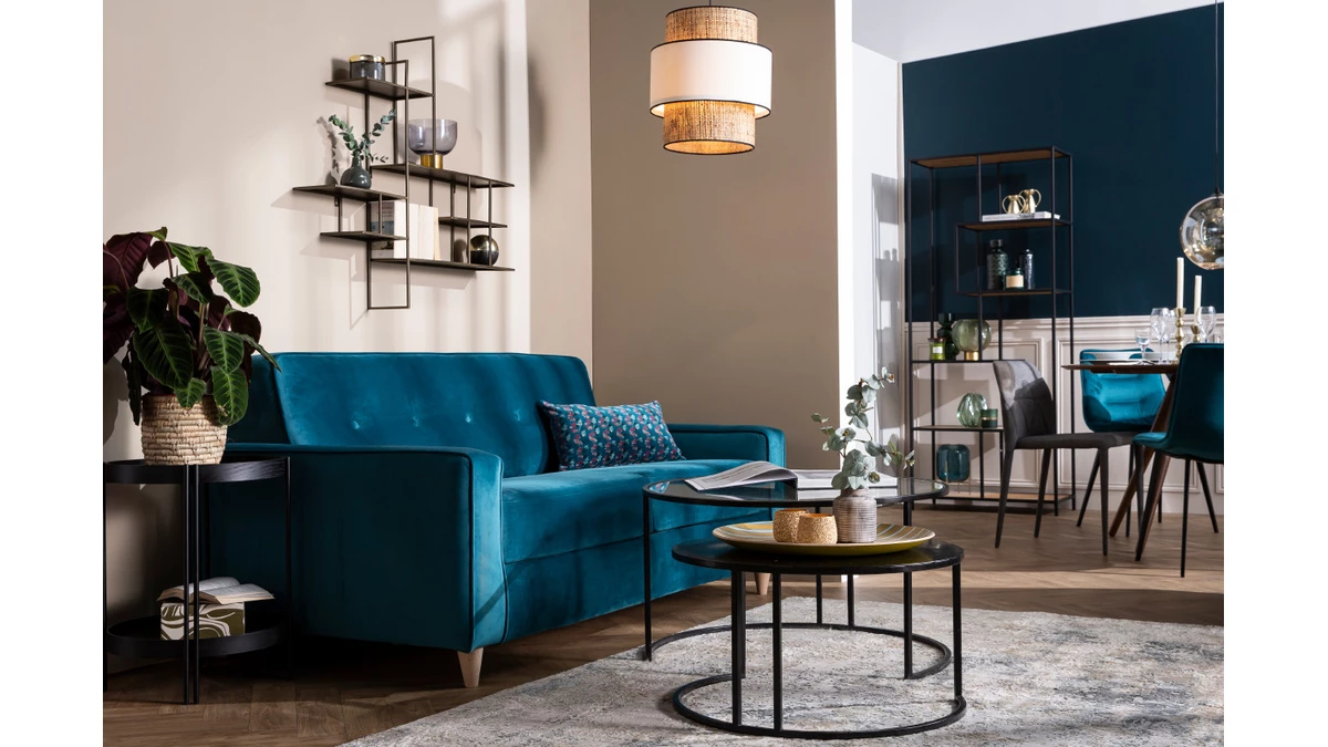 Canapé Convertible 3 Places En Tissu Velours Bleu Paon Et Bois Clair Avec Matelas 9 Cm CIGALE 8 Canapé Convertible 3 Places En Tissu Velours Bleu Paon Et Bois Clair Avec Matelas 9 Cm CIGALE – Image 6