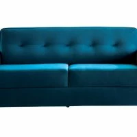 Canapé Convertible 3 Places En Tissu Velours Bleu Paon Et Bois Clair Avec Matelas 9 Cm CIGALE