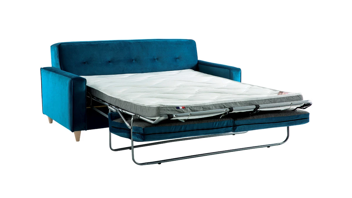 Canapé Convertible 3 Places En Tissu Velours Bleu Paon Et Bois Clair Avec Matelas 9 Cm CIGALE 4 Canapé Convertible 3 Places En Tissu Velours Bleu Paon Et Bois Clair Avec Matelas 9 Cm CIGALE – Image 2