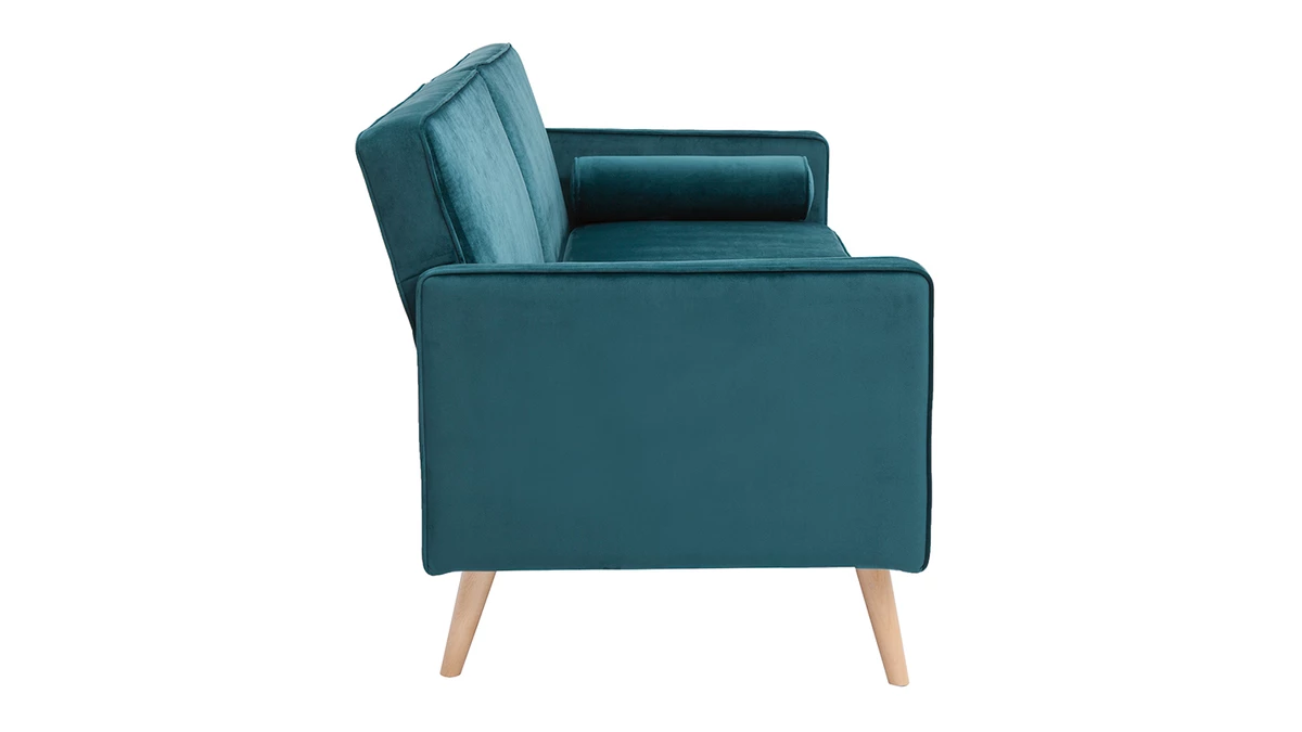Canapé Convertible 3 Places En Tissu Velours Bleu Pétrole Et Bois Clair MOORE 6 Canapé Convertible 3 Places En Tissu Velours Bleu Pétrole Et Bois Clair MOORE – Image 4