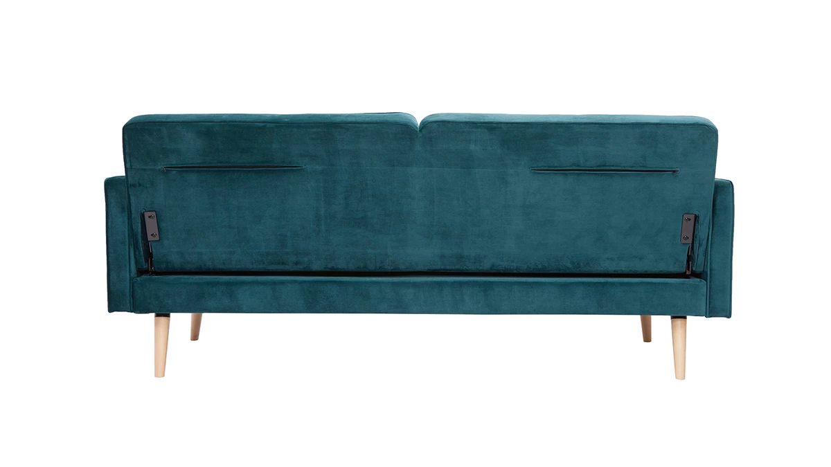 Canapé Convertible 3 Places En Tissu Velours Bleu Pétrole Et Bois Clair MOORE 7 Canapé Convertible 3 Places En Tissu Velours Bleu Pétrole Et Bois Clair MOORE – Image 5