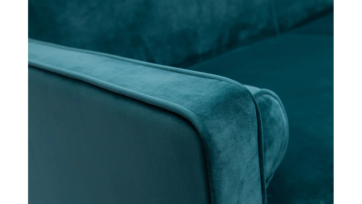 Canapé Convertible 3 Places En Tissu Velours Bleu Pétrole Et Bois Clair MOORE 8 Canapé Convertible 3 Places En Tissu Velours Bleu Pétrole Et Bois Clair MOORE – Image 6