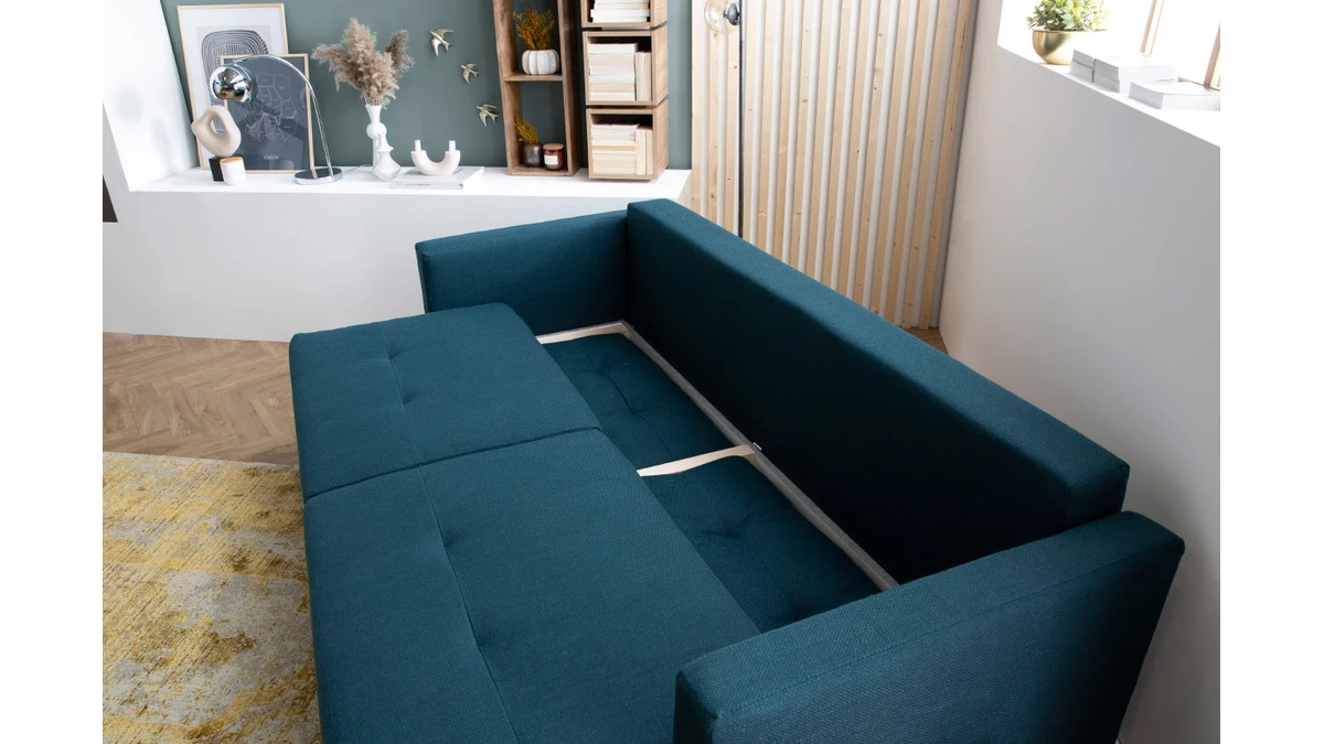 Canapé Convertible Avec Coffre 3 Places En Tissu Bleu Paon Et Bois Clair MIRA 10 Canapé Convertible Avec Coffre 3 Places En Tissu Bleu Paon Et Bois Clair MIRA – Image 8
