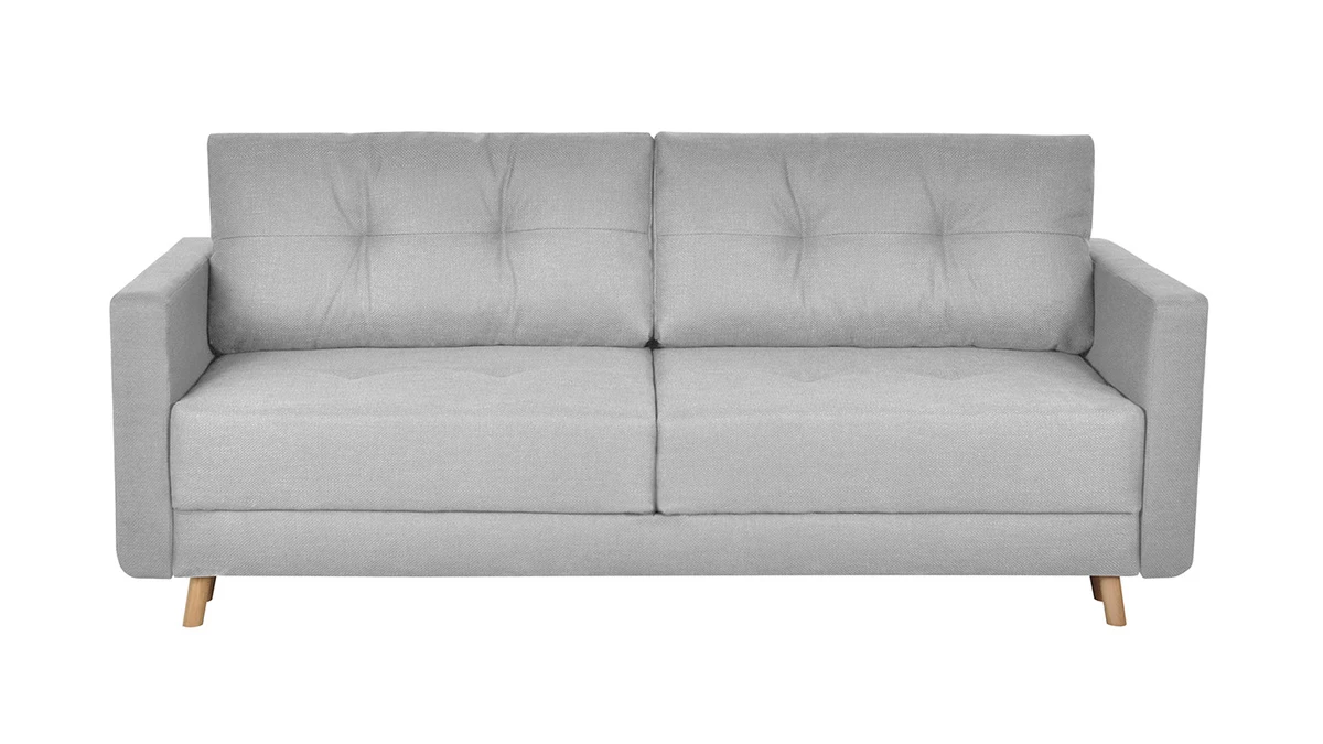 Canapé Convertible Avec Coffre 3 Places En Tissu Gris Clair Et Bois Clair MIRA 3 Canapé Convertible Avec Coffre 3 Places En Tissu Gris Clair Et Bois Clair MIRA