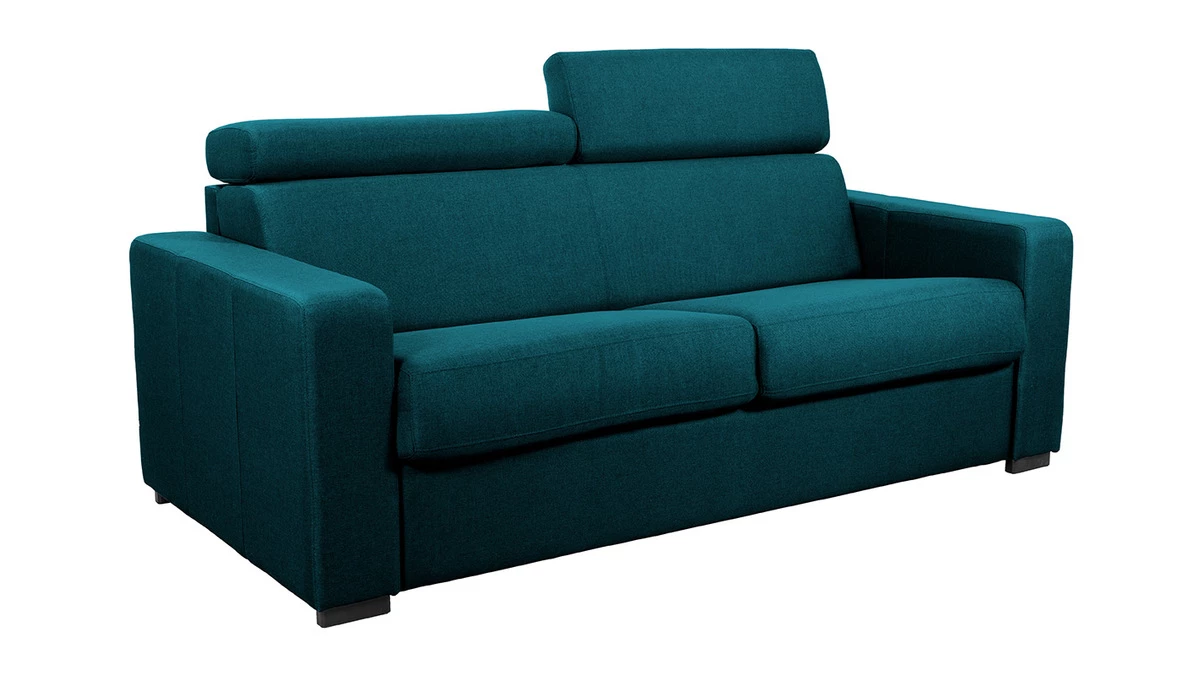 Canapé Convertible Avec Têtières Ajustables 3 Places En Tissu Bleu Canard Avec Matelas 12 Cm NORO 4 Canapé Convertible Avec Têtières Ajustables 3 Places En Tissu Bleu Canard Avec Matelas 12 Cm NORO – Image 2