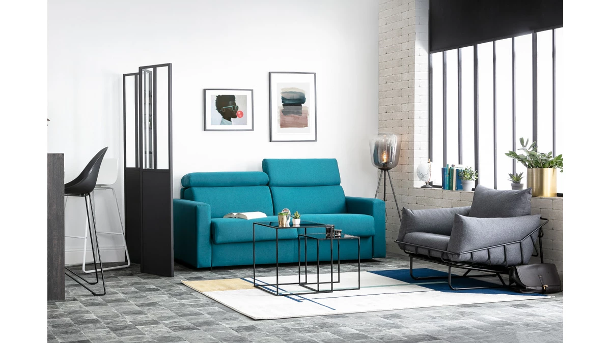 Canapé Convertible Avec Têtières Ajustables 3 Places En Tissu Bleu Canard Avec Matelas 12 Cm NORO 9 Canapé Convertible Avec Têtières Ajustables 3 Places En Tissu Bleu Canard Avec Matelas 12 Cm NORO – Image 7