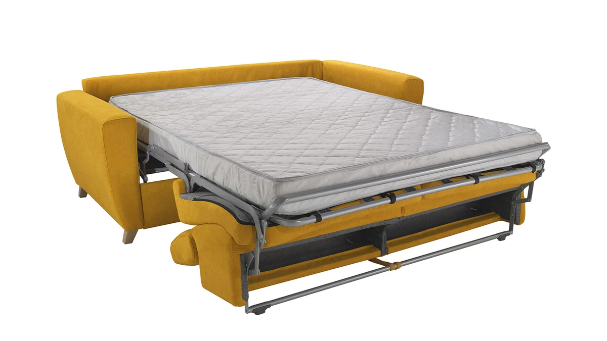 Canapé Convertible Avec Têtières Ajustables 3 Places En Tissu Jaune Avec Matelas 13 Cm GOYA 6 Canapé Convertible Avec Têtières Ajustables 3 Places En Tissu Jaune Avec Matelas 13 Cm GOYA – Image 4