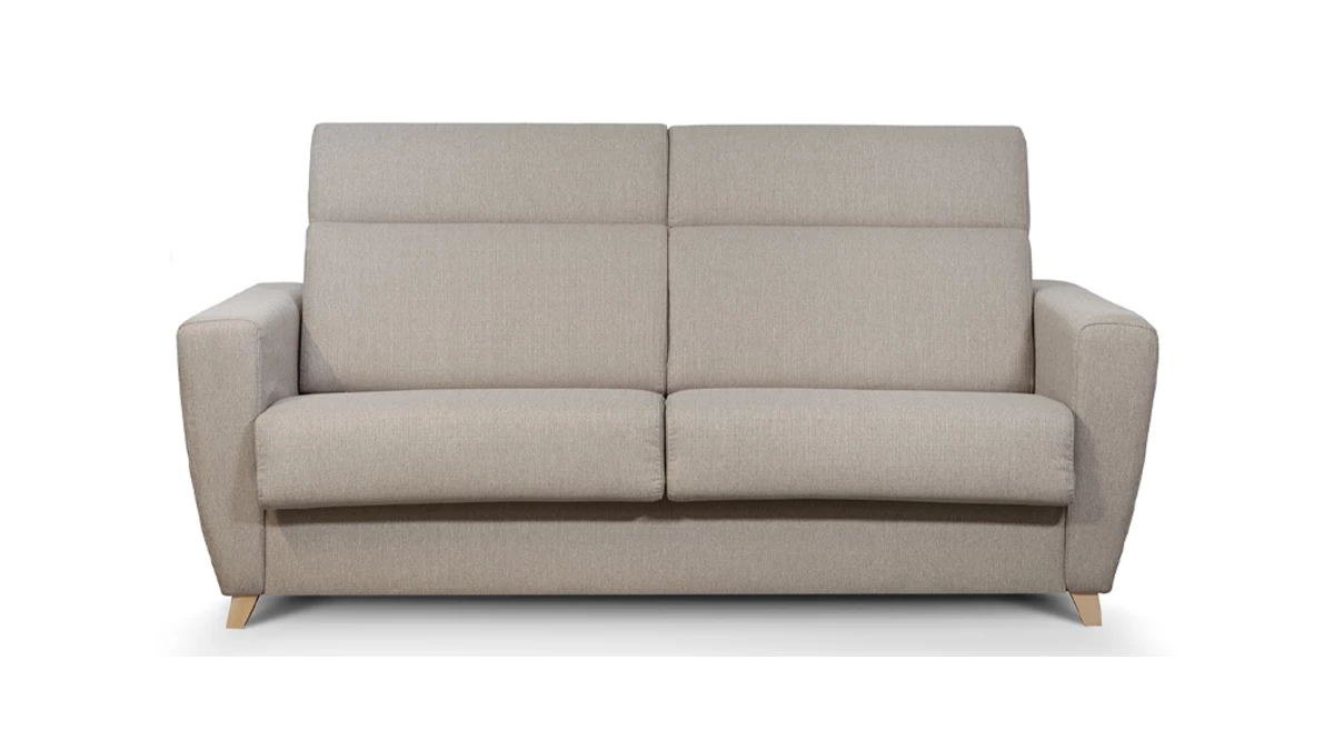 Canapé Convertible Avec Têtières Ajustables 3 Places En Tissu Taupe Et Bois Clair Avec Matelas 13 Cm GOYA 3 Canapé Convertible Avec Têtières Ajustables 3 Places En Tissu Taupe Et Bois Clair Avec Matelas 13 Cm GOYA