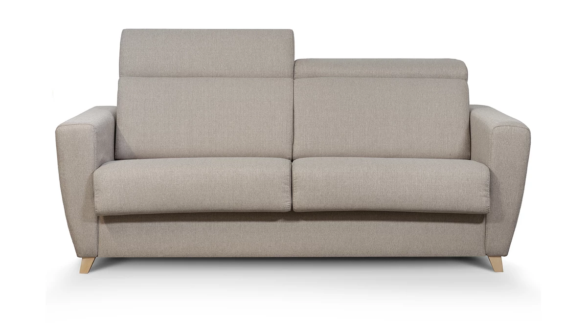 Canapé Convertible Avec Têtières Ajustables 3 Places En Tissu Taupe Et Bois Clair Avec Matelas 13 Cm GOYA 4 Canapé Convertible Avec Têtières Ajustables 3 Places En Tissu Taupe Et Bois Clair Avec Matelas 13 Cm GOYA – Image 2