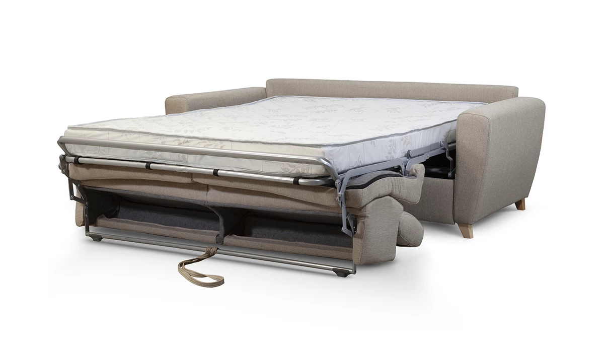 Canapé Convertible Avec Têtières Ajustables 3 Places En Tissu Taupe Et Bois Clair Avec Matelas 13 Cm GOYA 6 Canapé Convertible Avec Têtières Ajustables 3 Places En Tissu Taupe Et Bois Clair Avec Matelas 13 Cm GOYA – Image 4