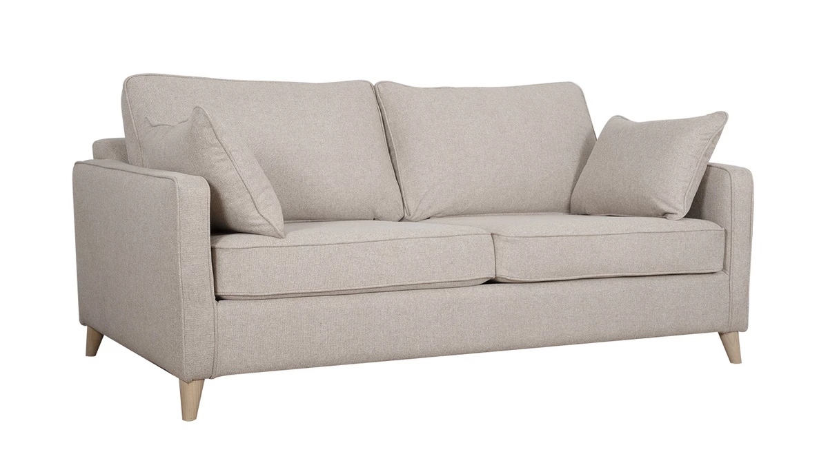 Canapé Convertible Scandinave 3 Places En Tissu Beige Et Bois Clair Avec Matelas 10 Cm PAPEL 4 Canapé Convertible Scandinave 3 Places En Tissu Beige Et Bois Clair Avec Matelas 10 Cm PAPEL – Image 2