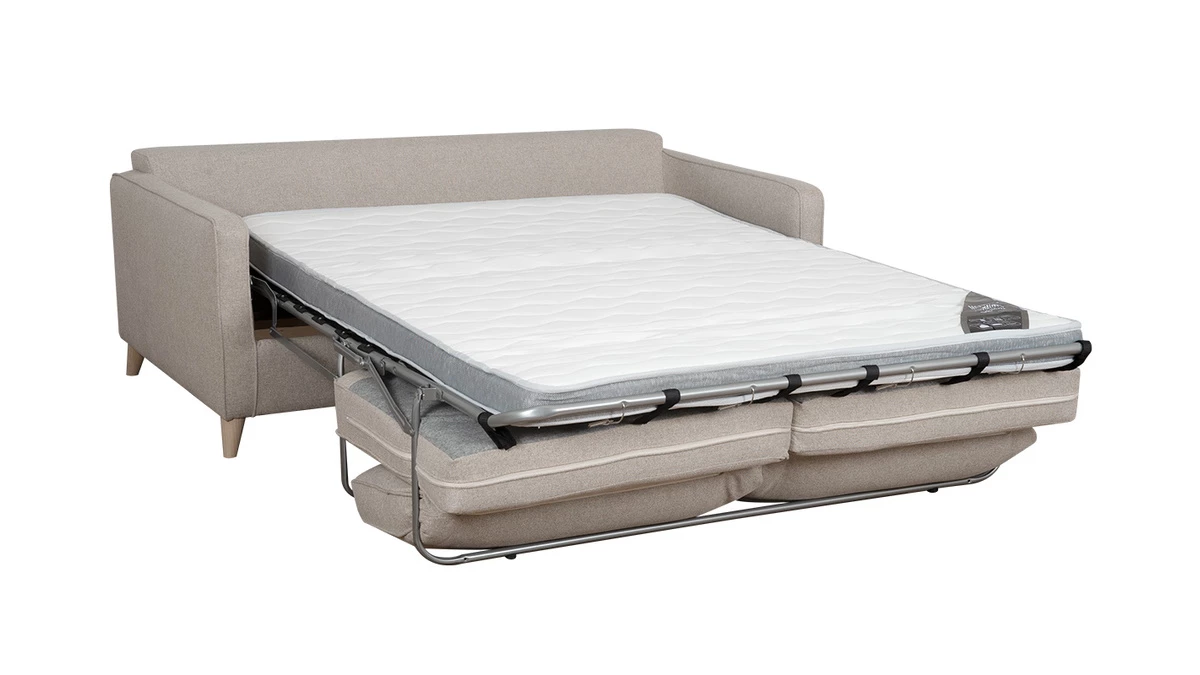 Canapé Convertible Scandinave 3 Places En Tissu Beige Et Bois Clair Avec Matelas 10 Cm PAPEL 5 Canapé Convertible Scandinave 3 Places En Tissu Beige Et Bois Clair Avec Matelas 10 Cm PAPEL – Image 3